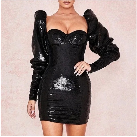 HOUSE OF CB Black Puff Sleeve Sequin Mini Dress - Picture 2 of 9